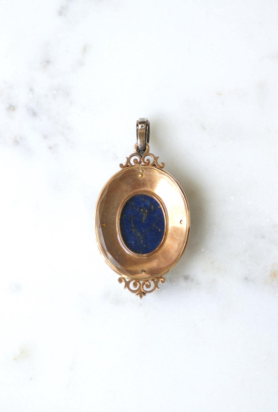 Medallion Pendant Opening Antique Scarab Lapis Lazuli Diamonds and Fine Pearls on Rose Gold Egyptomania