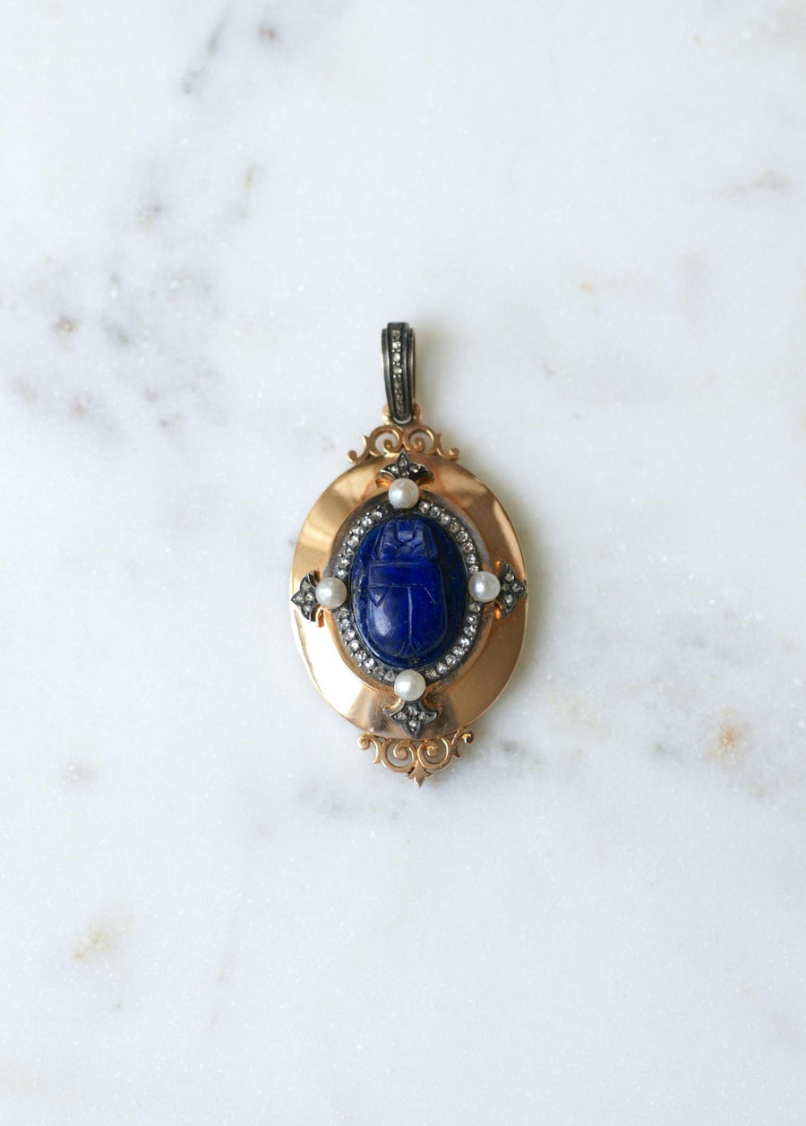Medallion Pendant Opening Antique Scarab Lapis Lazuli Diamonds and Fine Pearls on Rose Gold Egyptomania