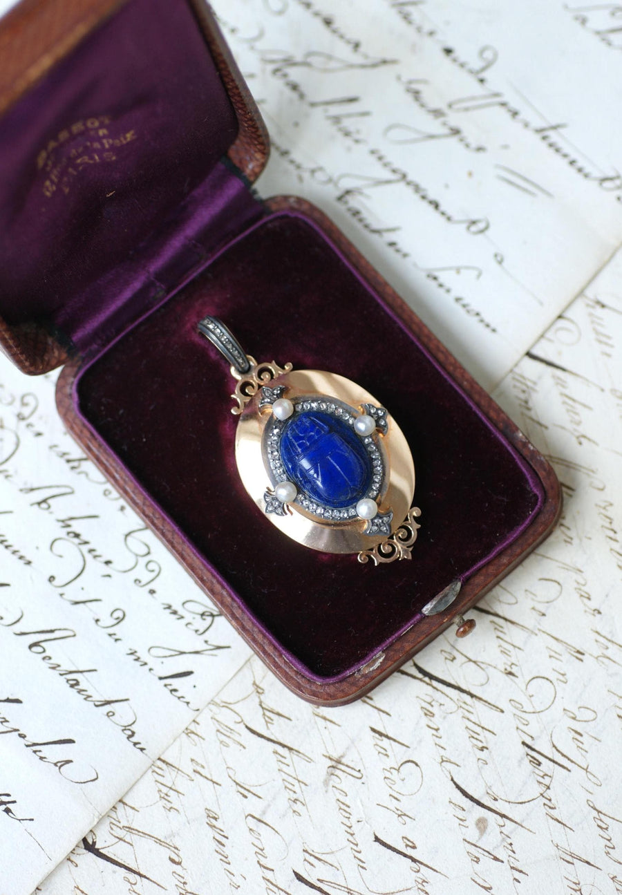 Medallion Pendant Opening Antique Scarab Lapis Lazuli Diamonds and Fine Pearls on Rose Gold Egyptomania