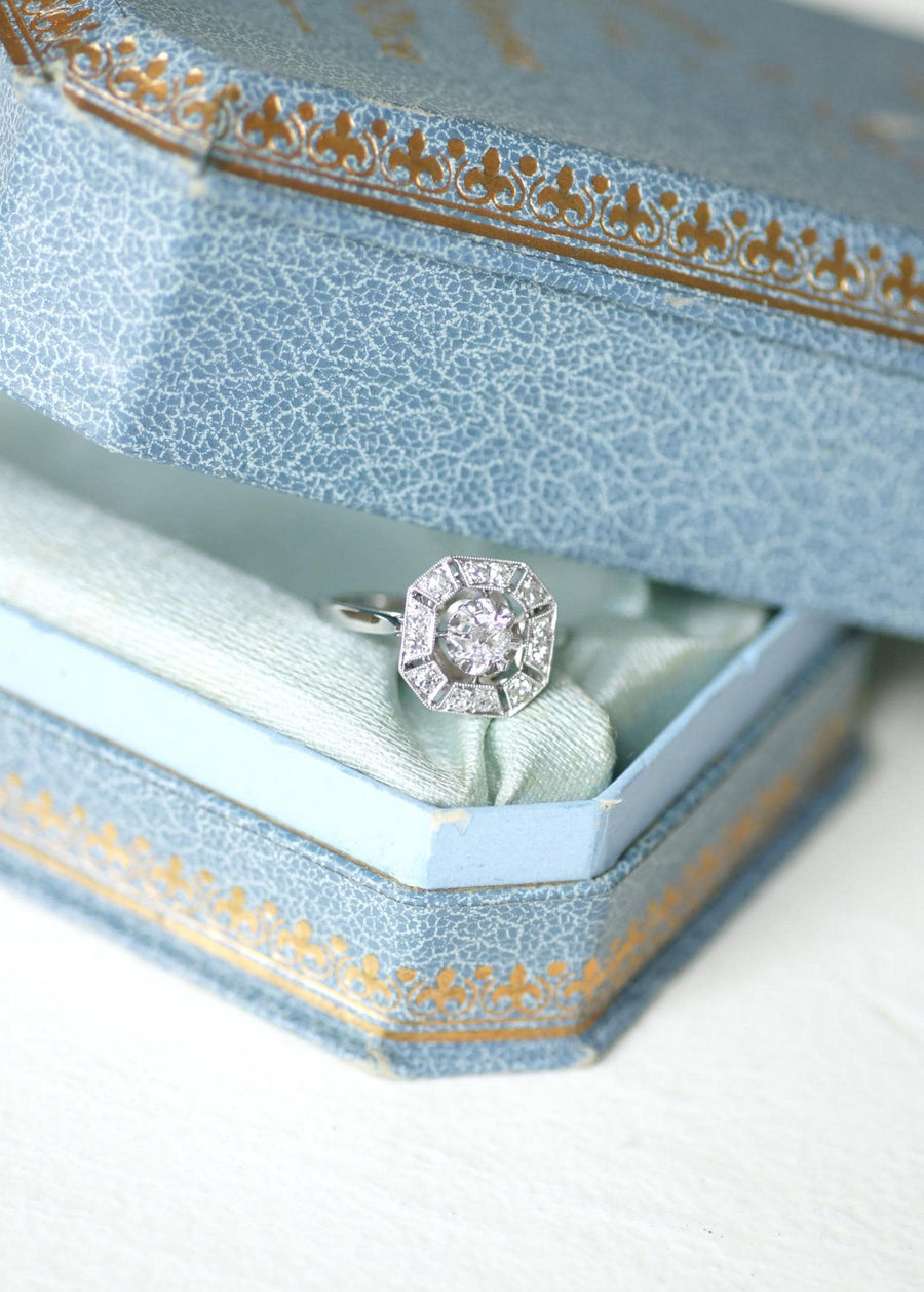 Octagonal Art Deco Ring 0.60 Ct Diamonds on White Gold and Platinum