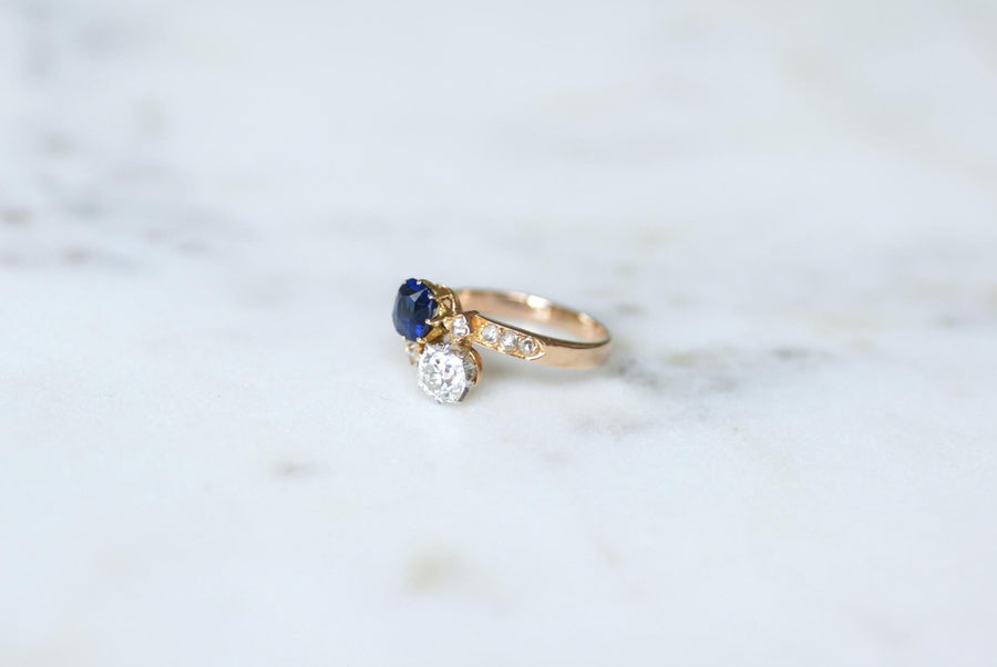 Toi et Moi Ring Sapphire and Diamond on Rose Gold and Platinum