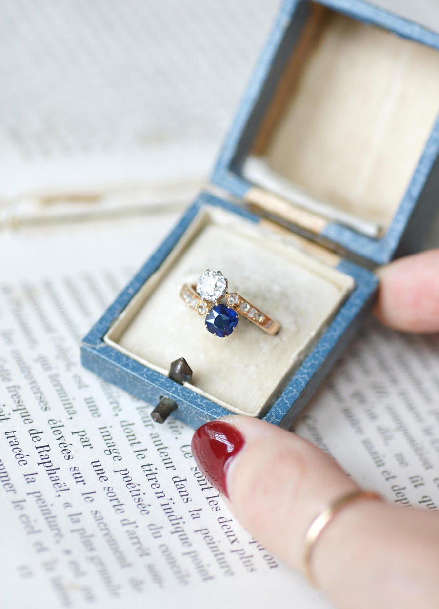 Toi et Moi Ring Sapphire and Diamond on Rose Gold and Platinum