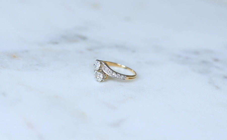 Toi et Moi Antique Ring Diamonds on Yellow Gold and Platinum