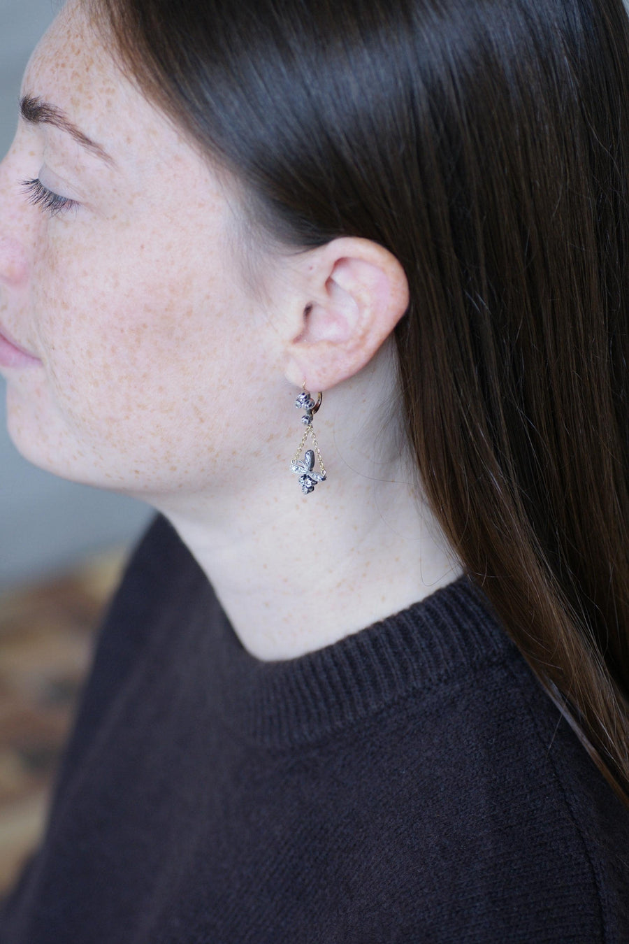 Antique Trefoil and Flower Diamonds on Gold and Silver Sleeper Earrings