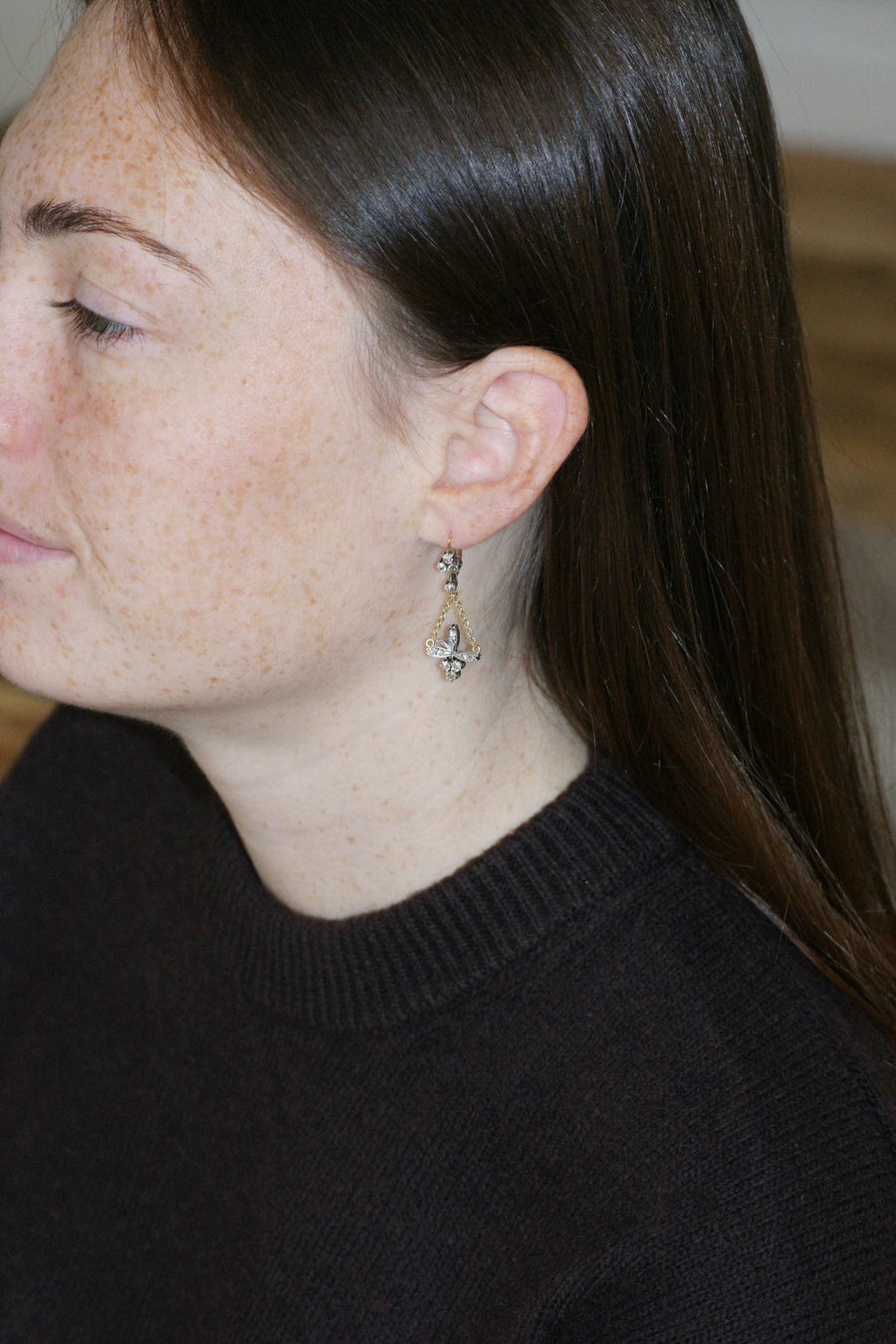 Antique Trefoil and Flower Diamonds on Gold and Silver Sleeper Earrings