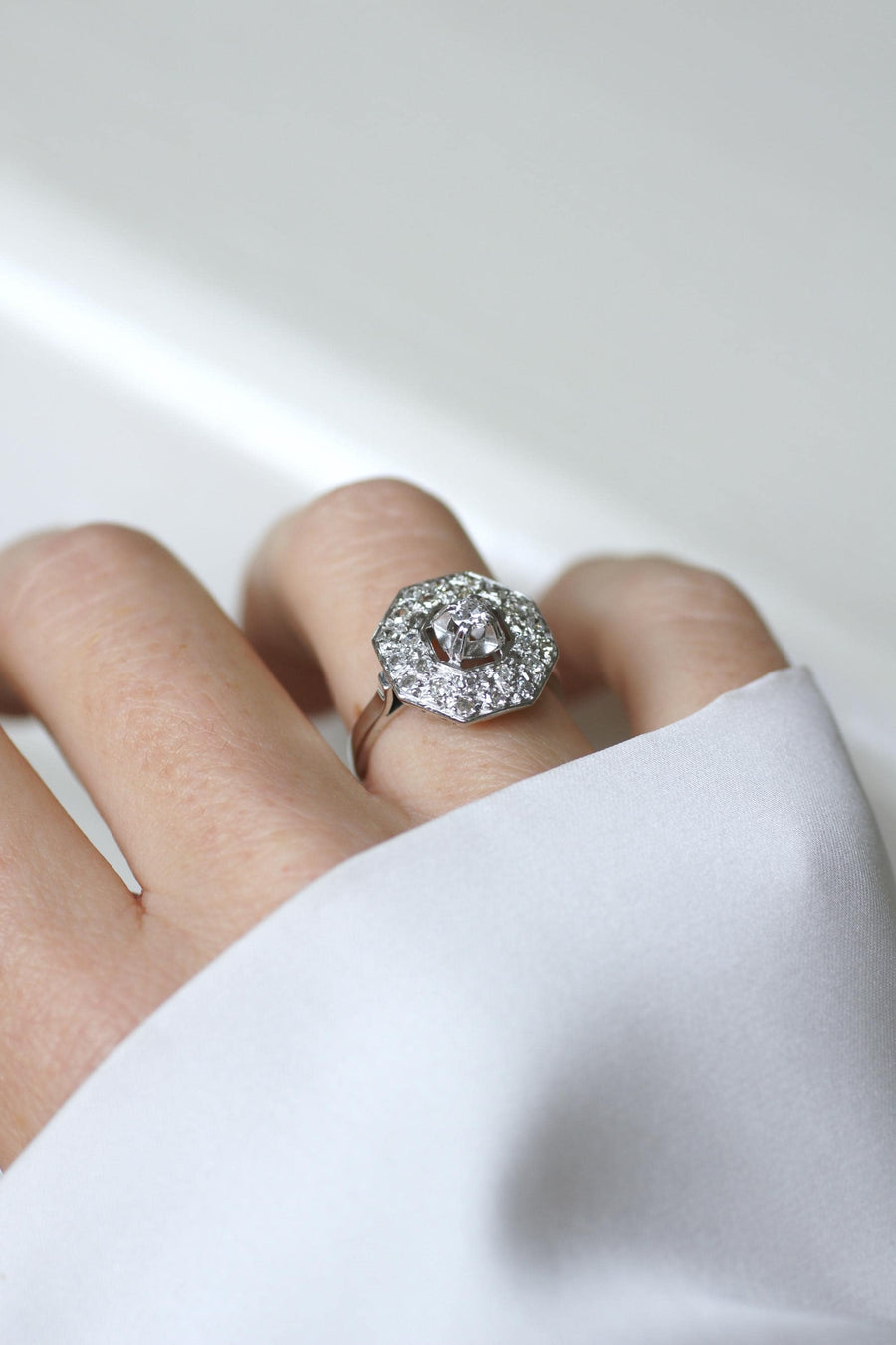Octagonal Art Deco Platinum and Diamond Ring 0.65 Ct