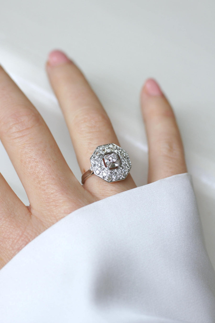 Octagonal Art Deco Platinum and Diamond Ring 0.65 Ct