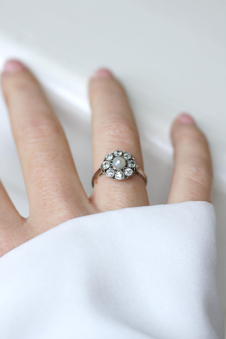 Marguerite Antique Pearl Button and Diamond Ring on White Gold and Platinum