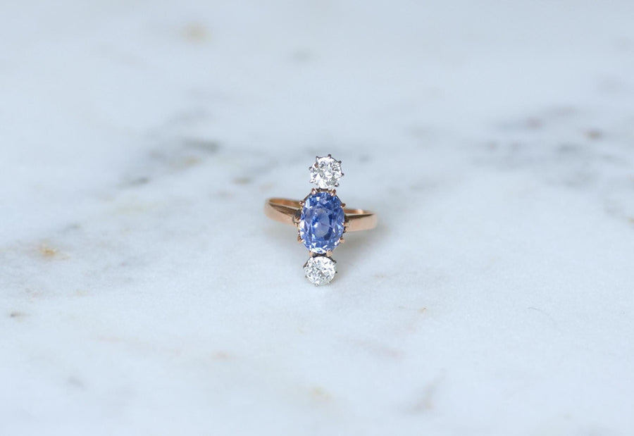 Belle Epoque Ring Unheated Ceylon Sapphire 3.30 Cts and Diamonds on Rose Gold and Platinum