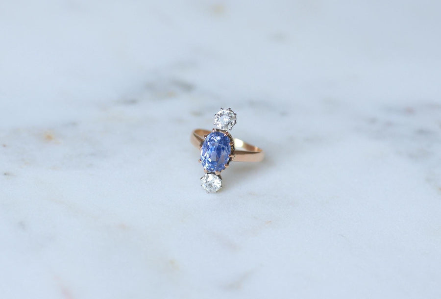 Belle Epoque Ring Unheated Ceylon Sapphire 3.30 Cts and Diamonds on Rose Gold and Platinum