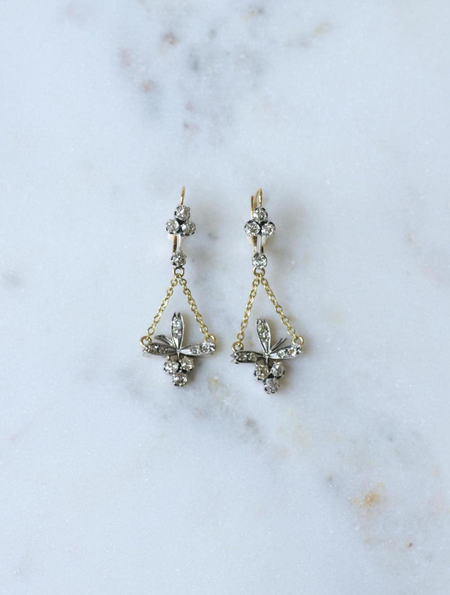 Antique Trefoil and Flower Diamonds on Gold and Silver Sleeper Earrings