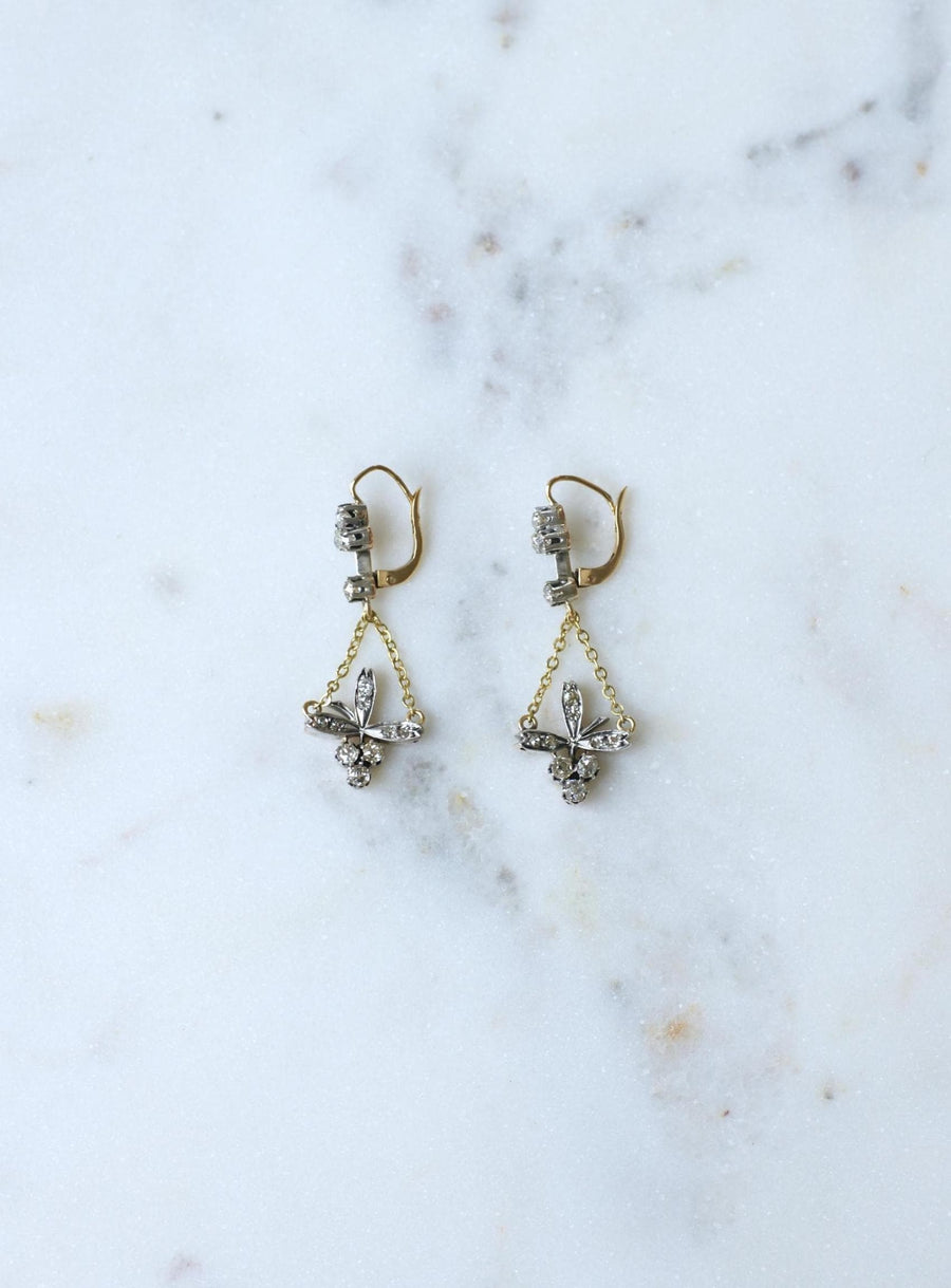 Antique Trefoil and Flower Diamonds on Gold and Silver Sleeper Earrings
