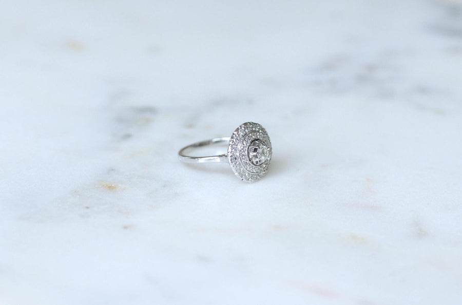 Art Deco Double Entourage Diamond Target Ring 0.60 Ct on White Gold and Platinum