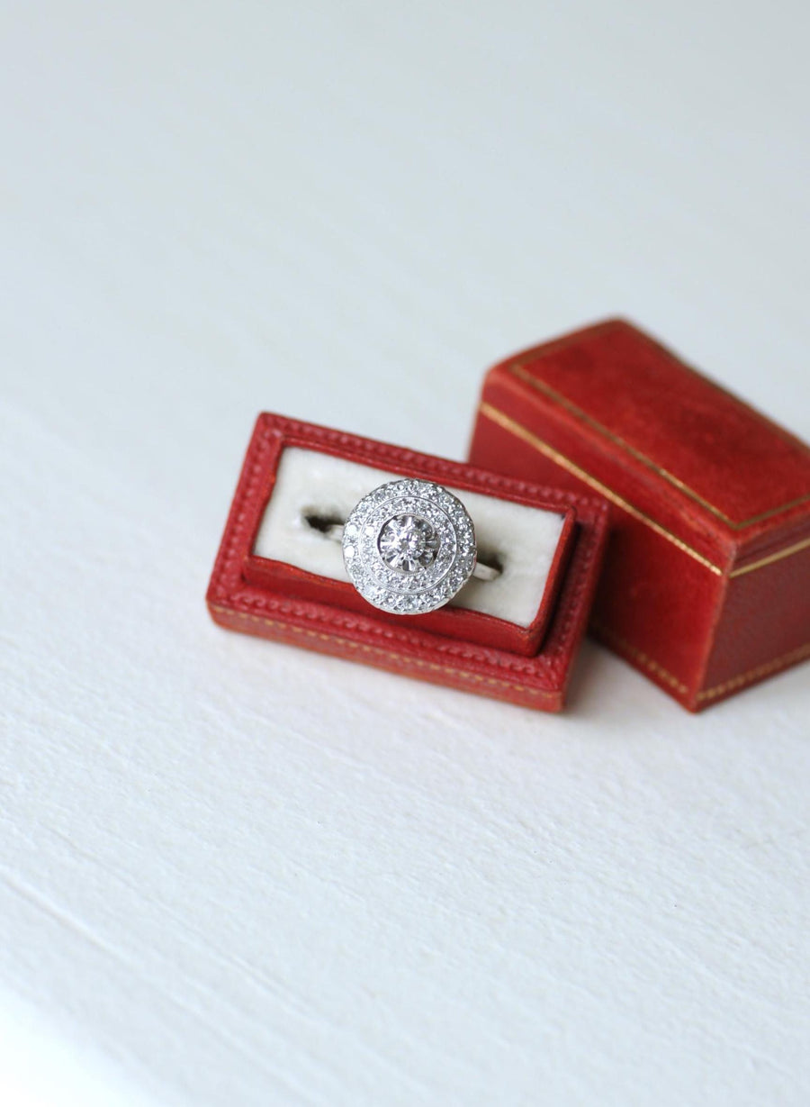 Art Deco Double Entourage Diamond Target Ring 0.60 Ct on White Gold and Platinum