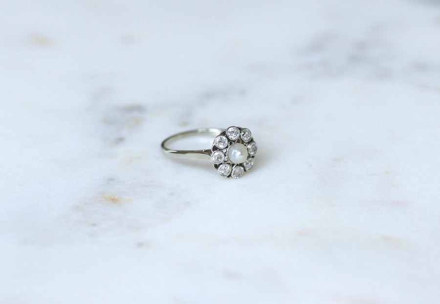 Marguerite Antique Pearl Button and Diamond Ring on White Gold and Platinum