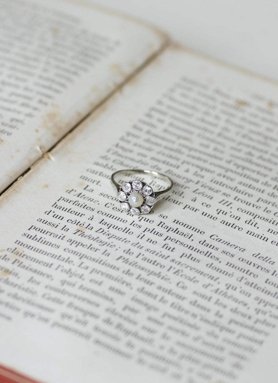 Marguerite Antique Pearl Button and Diamond Ring on White Gold and Platinum