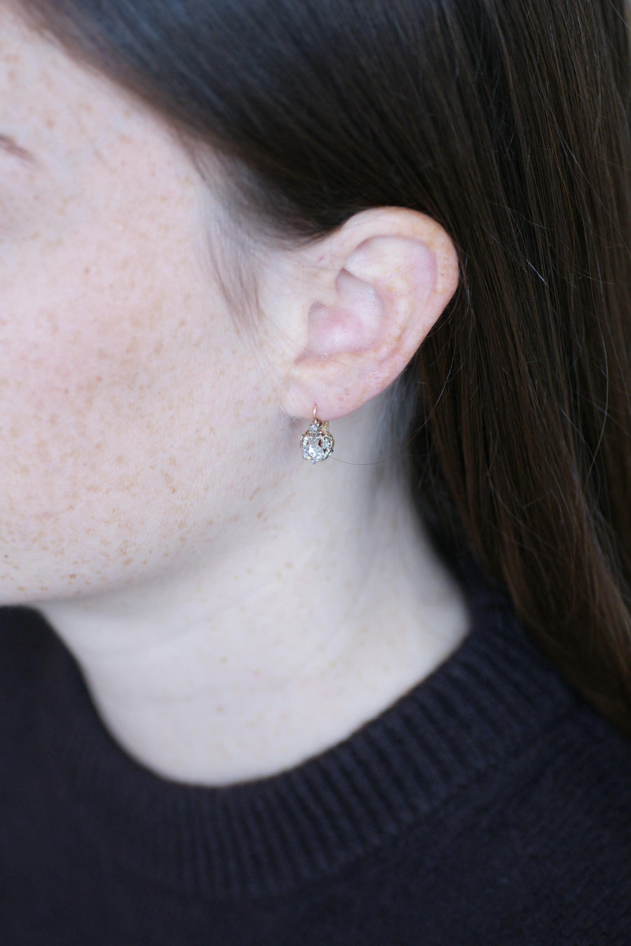 Antique Pink Crowned Diamonds Dormeuse Earrings on Rose Gold and Platinum