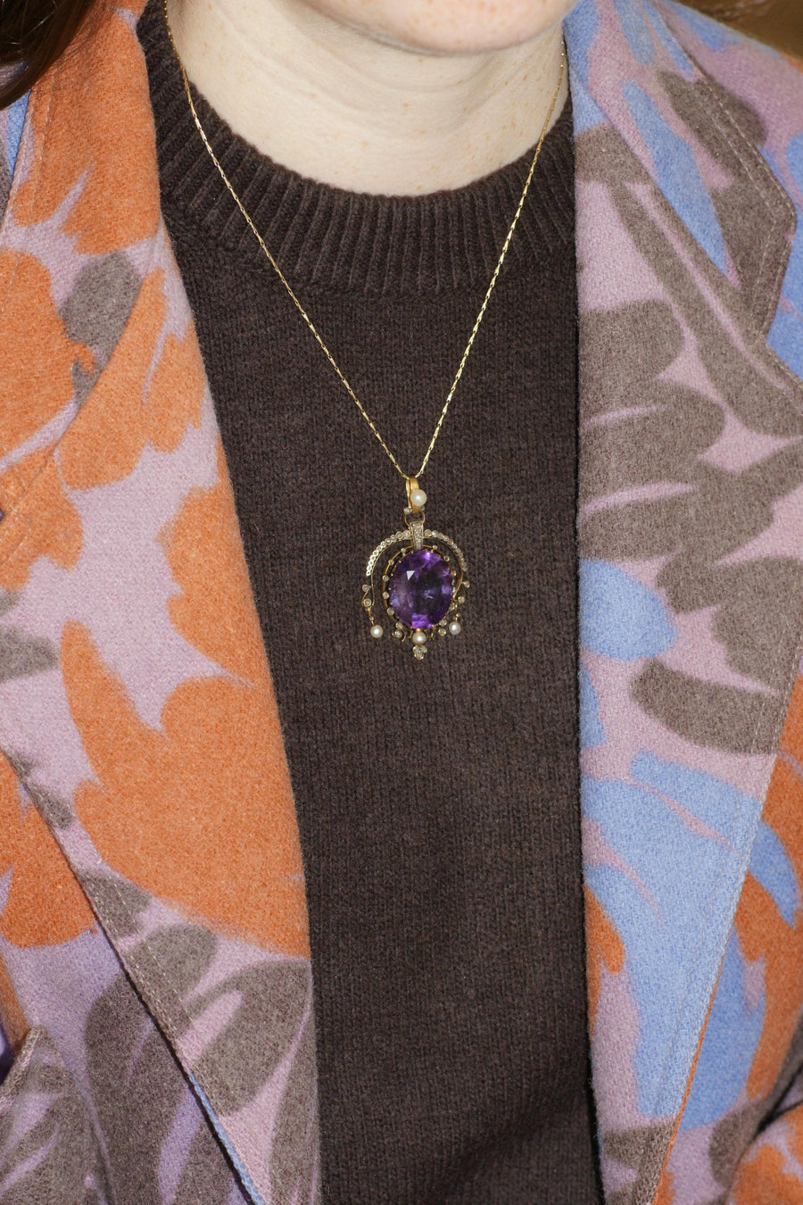 Antique Amethyst Diamond and Pearl Pendant on Rose Gold and Silver