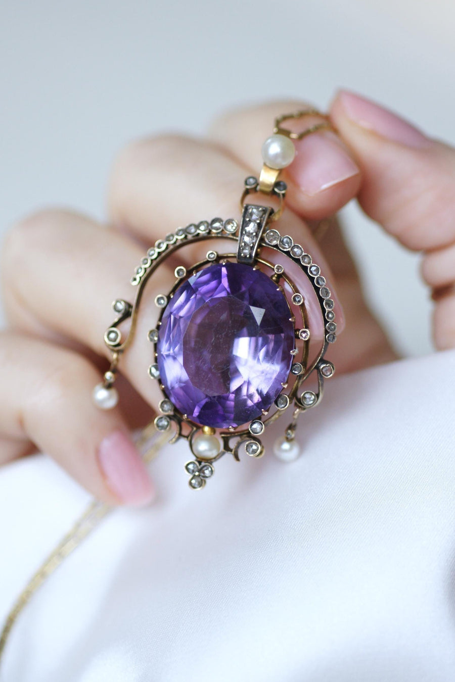 Antique Amethyst Diamond and Pearl Pendant on Rose Gold and Silver
