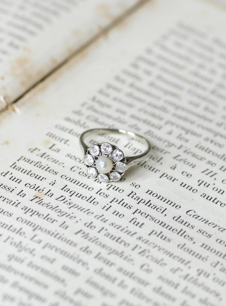 Marguerite Antique Pearl Button and Diamond Ring on White Gold and Platinum