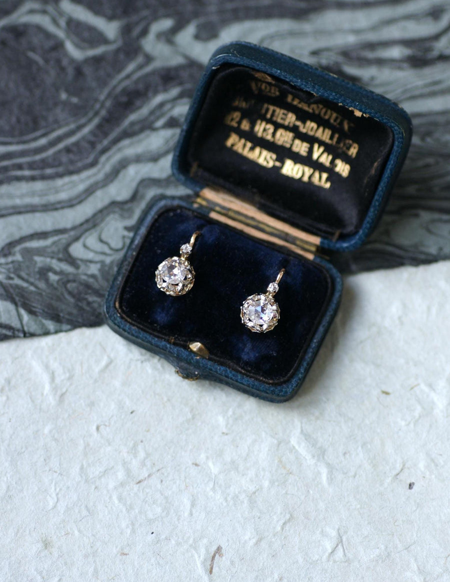 Antique Pink Crowned Diamonds Dormeuse Earrings on Rose Gold and Platinum