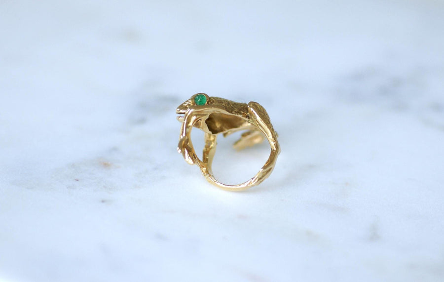 Emerald and Diamond Frog Ring on Yellow Gold