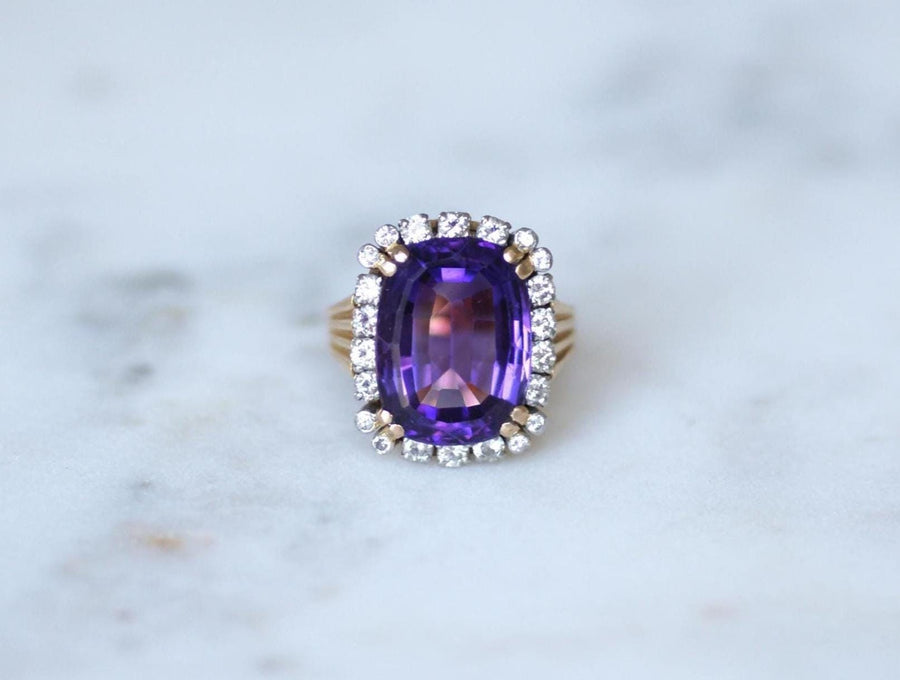 Cocktail Ring Amethyst and Diamonds on Rose Gold and Platinum 60s
