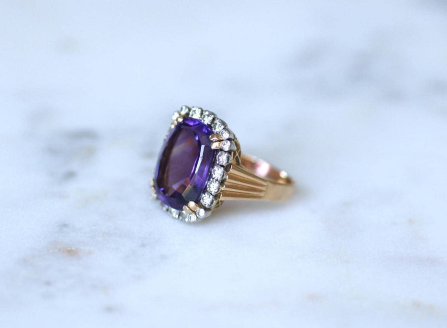 Cocktail Ring Amethyst and Diamonds on Rose Gold and Platinum 60s