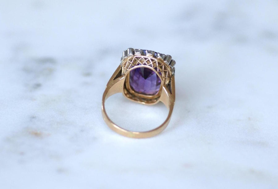 Cocktail Ring Amethyst and Diamonds on Rose Gold and Platinum 60s