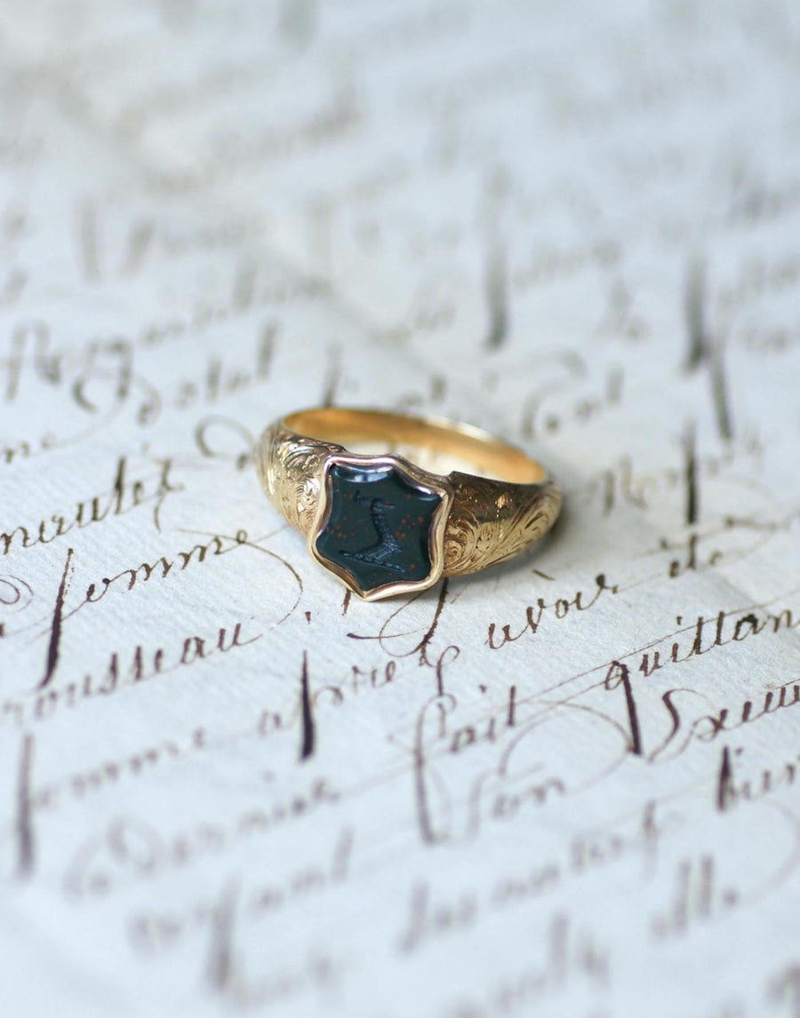 Antique Ring Blood Jasper Intaglio on Yellow Gold