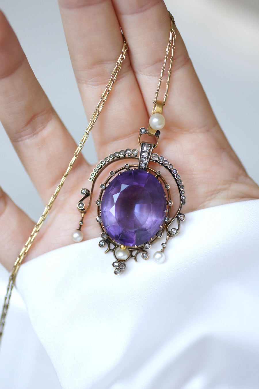 Antique Amethyst Diamond and Pearl Pendant on Rose Gold and Silver