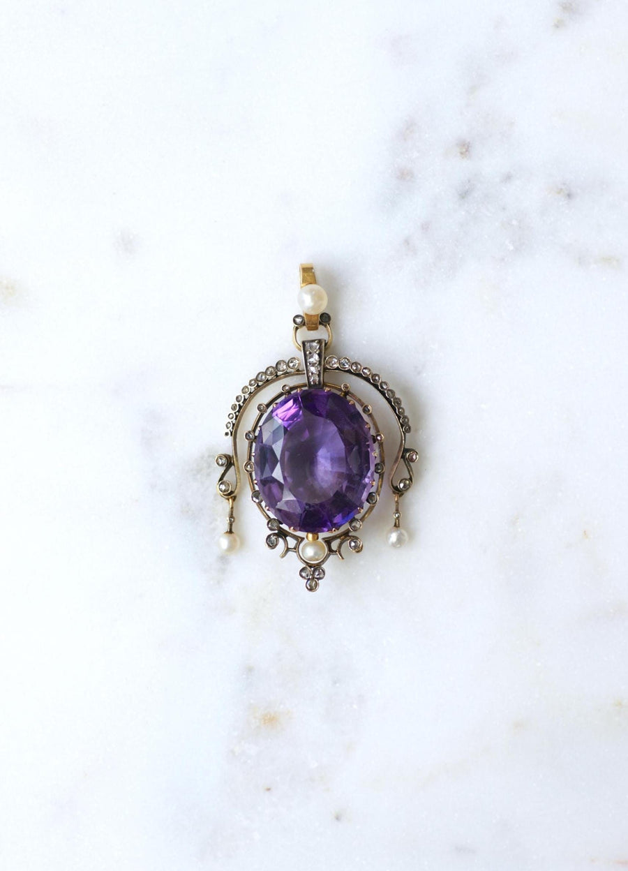 Antique Amethyst Diamond and Pearl Pendant on Rose Gold and Silver