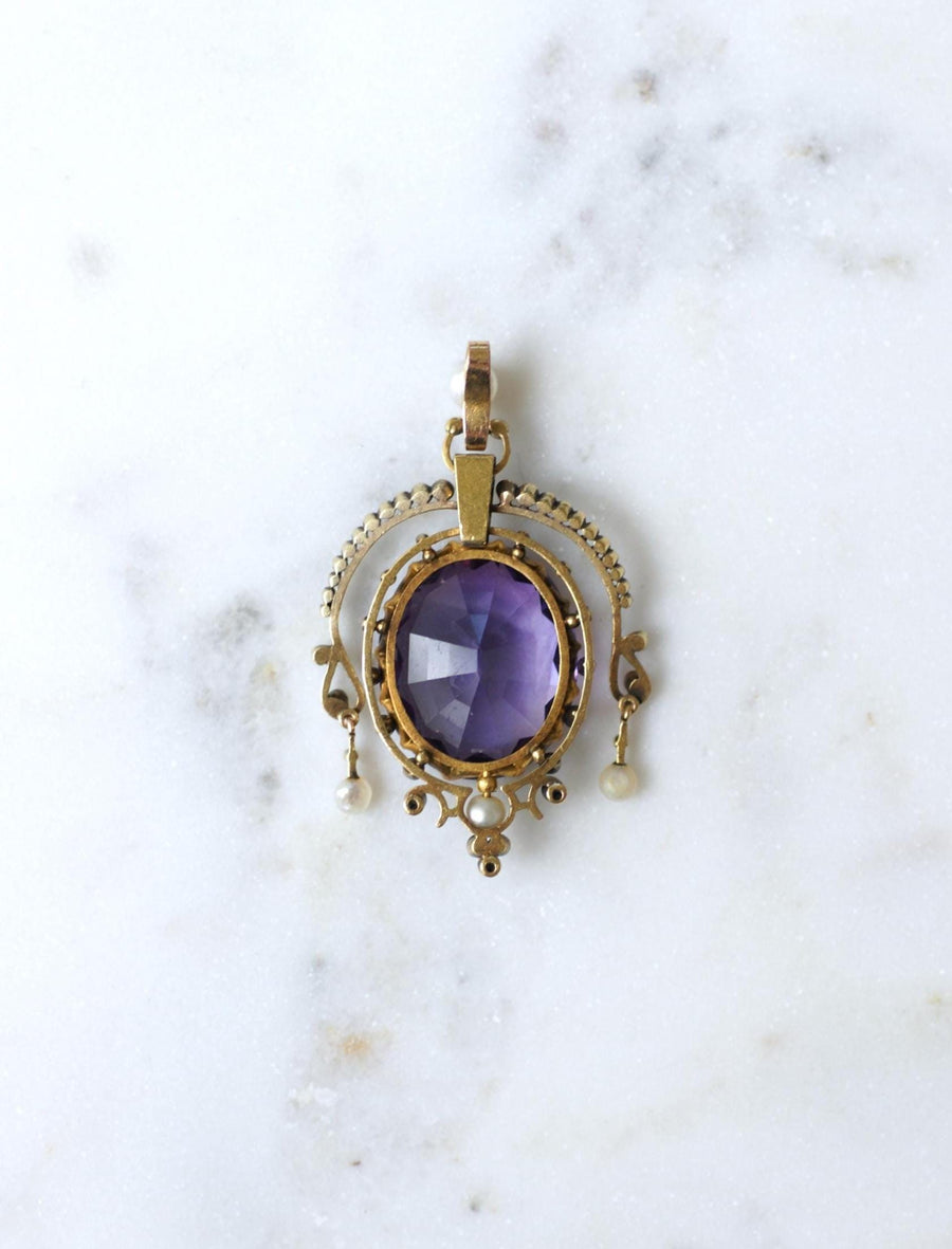 Antique Amethyst Diamond and Pearl Pendant on Rose Gold and Silver