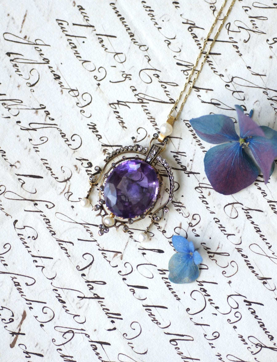 Antique Amethyst Diamond and Pearl Pendant on Rose Gold and Silver