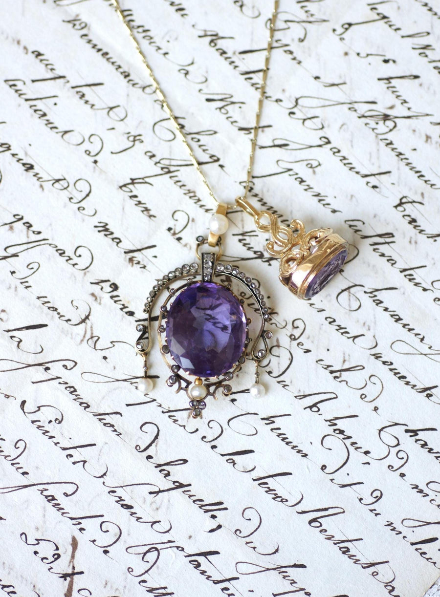 Antique Amethyst Diamond and Pearl Pendant on Rose Gold and Silver