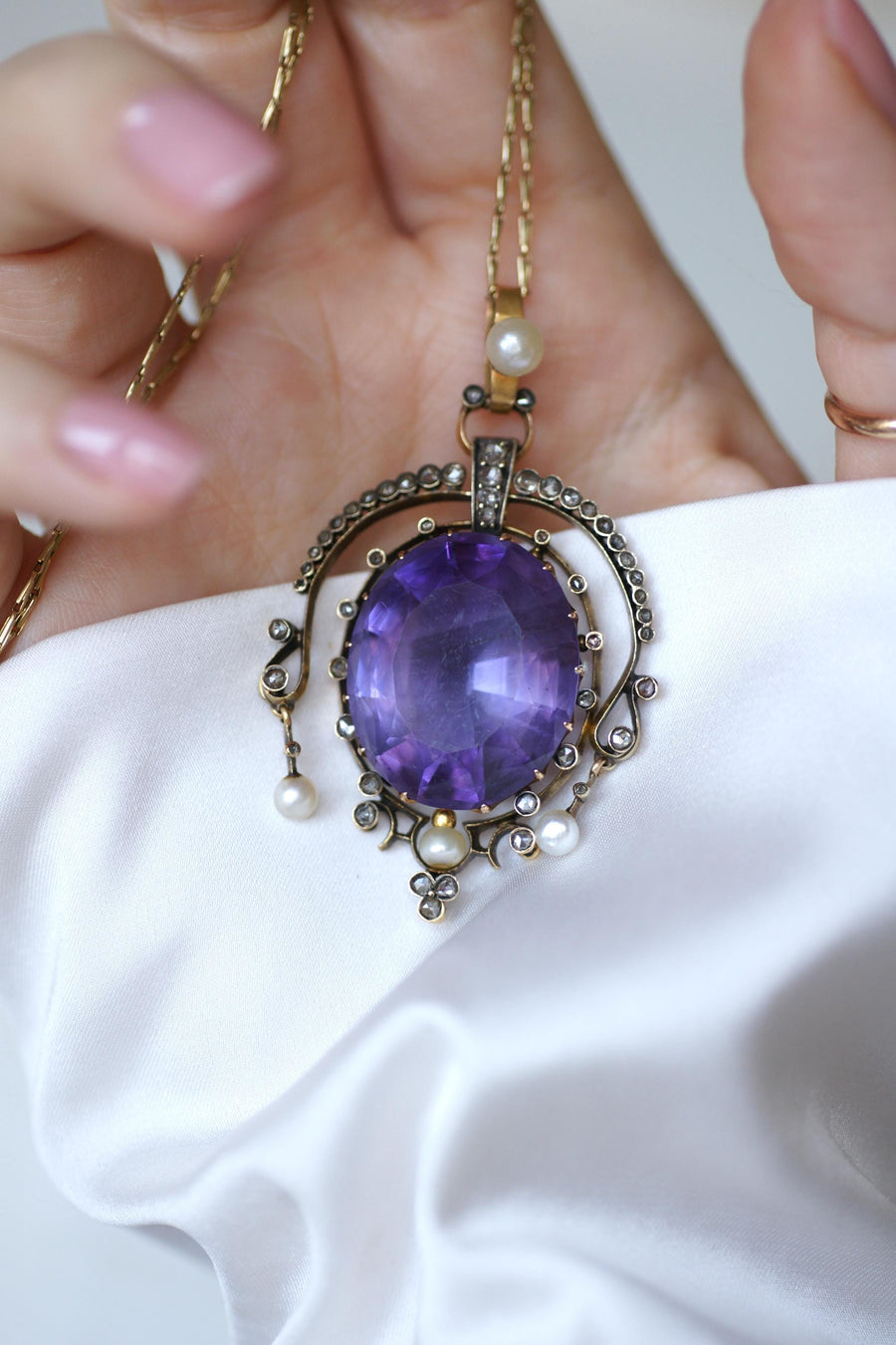 Antique Amethyst Diamond and Pearl Pendant on Rose Gold and Silver