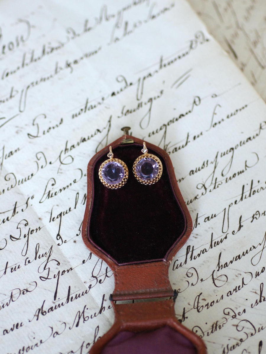 Antique Amethyst and Diamond Dormeuse Earrings on Yellow Gold