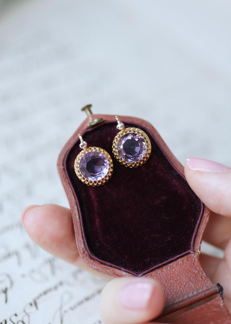 Antique Amethyst and Diamond Dormeuse Earrings on Yellow Gold