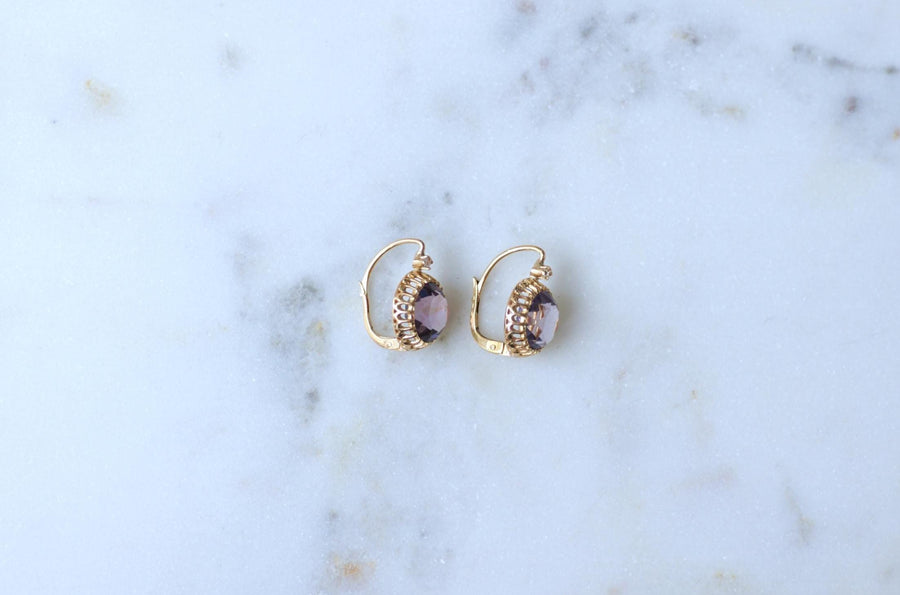 Antique Amethyst and Diamond Dormeuse Earrings on Yellow Gold