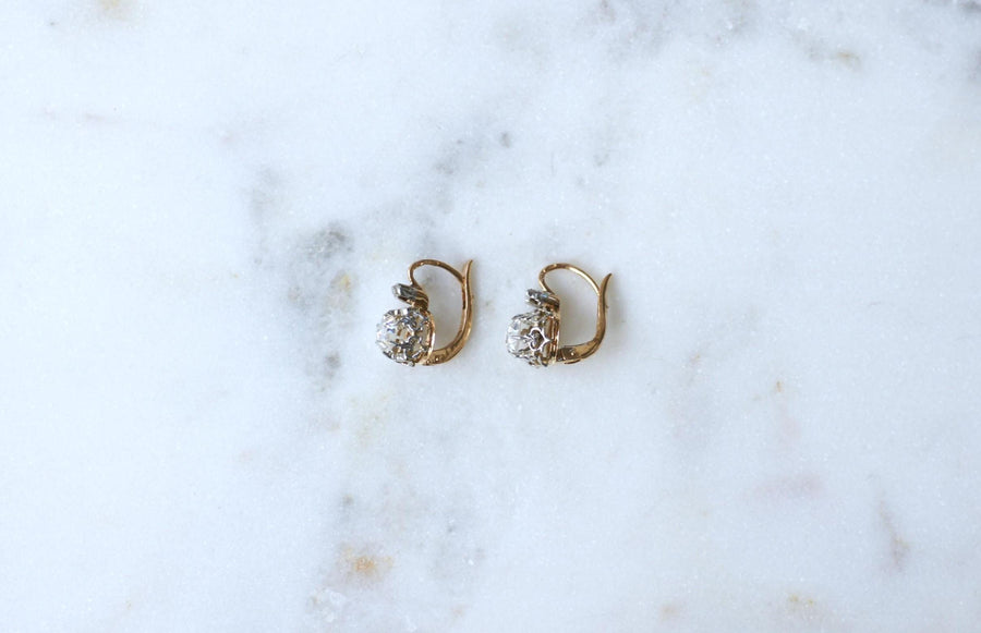 Antique Pink Crowned Diamonds Dormeuse Earrings on Rose Gold and Platinum