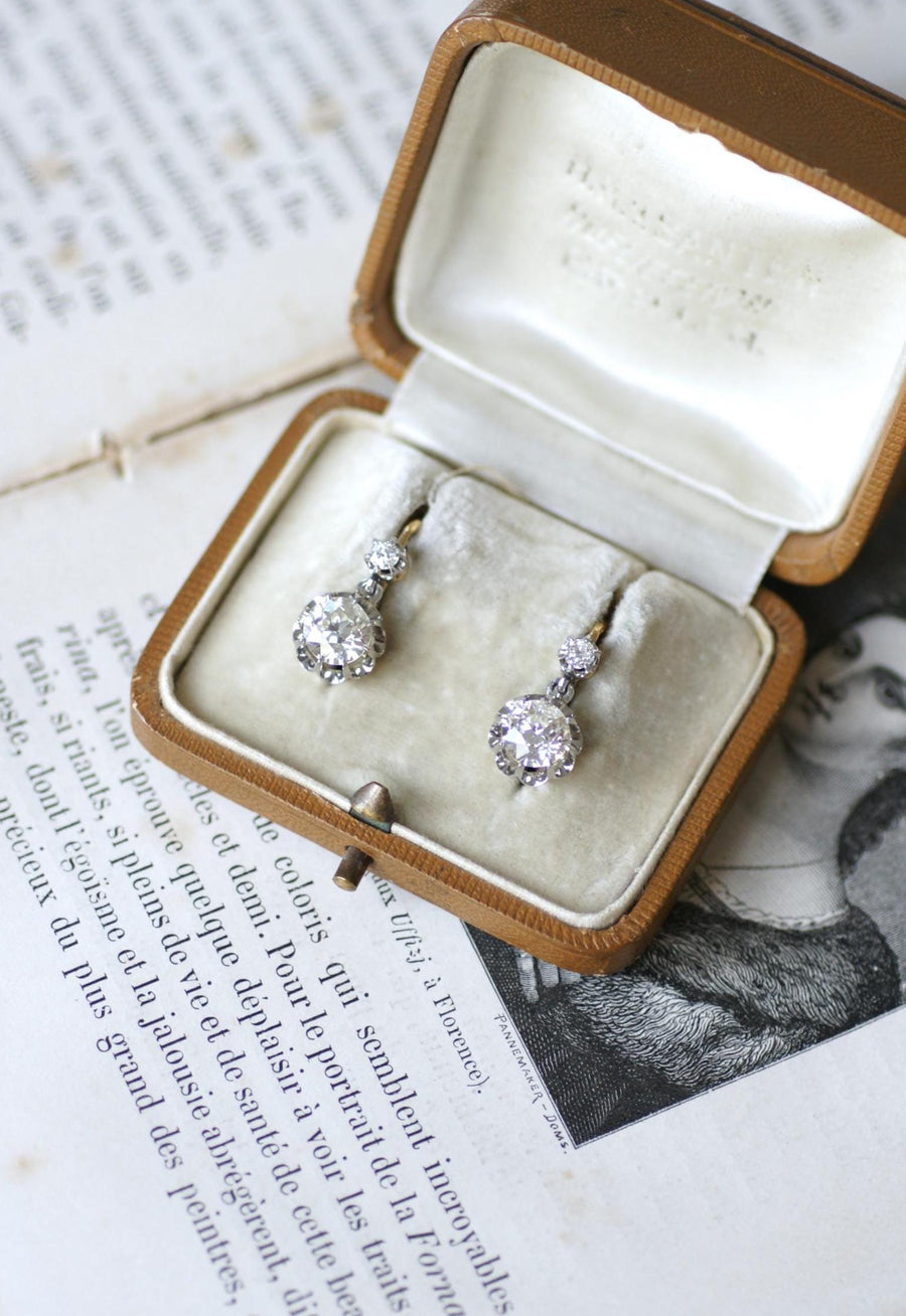 Antique 2.15 ct Diamond Dormeuse Earrings on Gold and Platinum