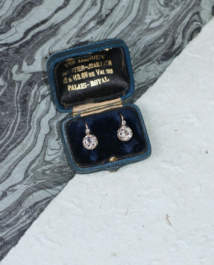 Antique Pink Crowned Diamonds Dormeuse Earrings on Rose Gold and Platinum