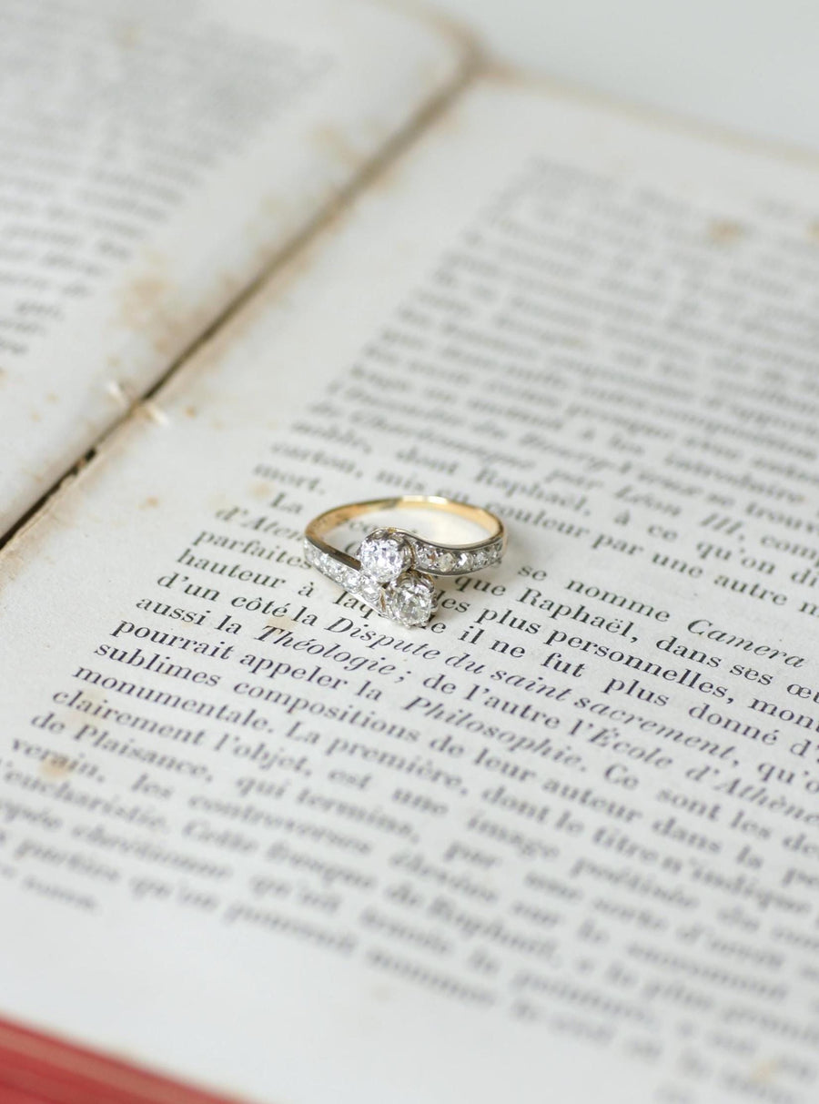 Toi et Moi Antique Ring Diamonds on Yellow Gold and Platinum