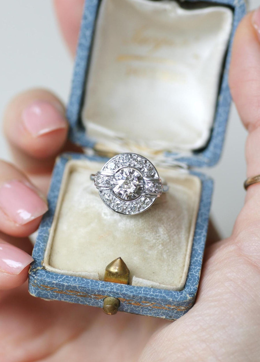 Art Deco Diamond Target Ring 1.05 Cts on White Gold and Platinum