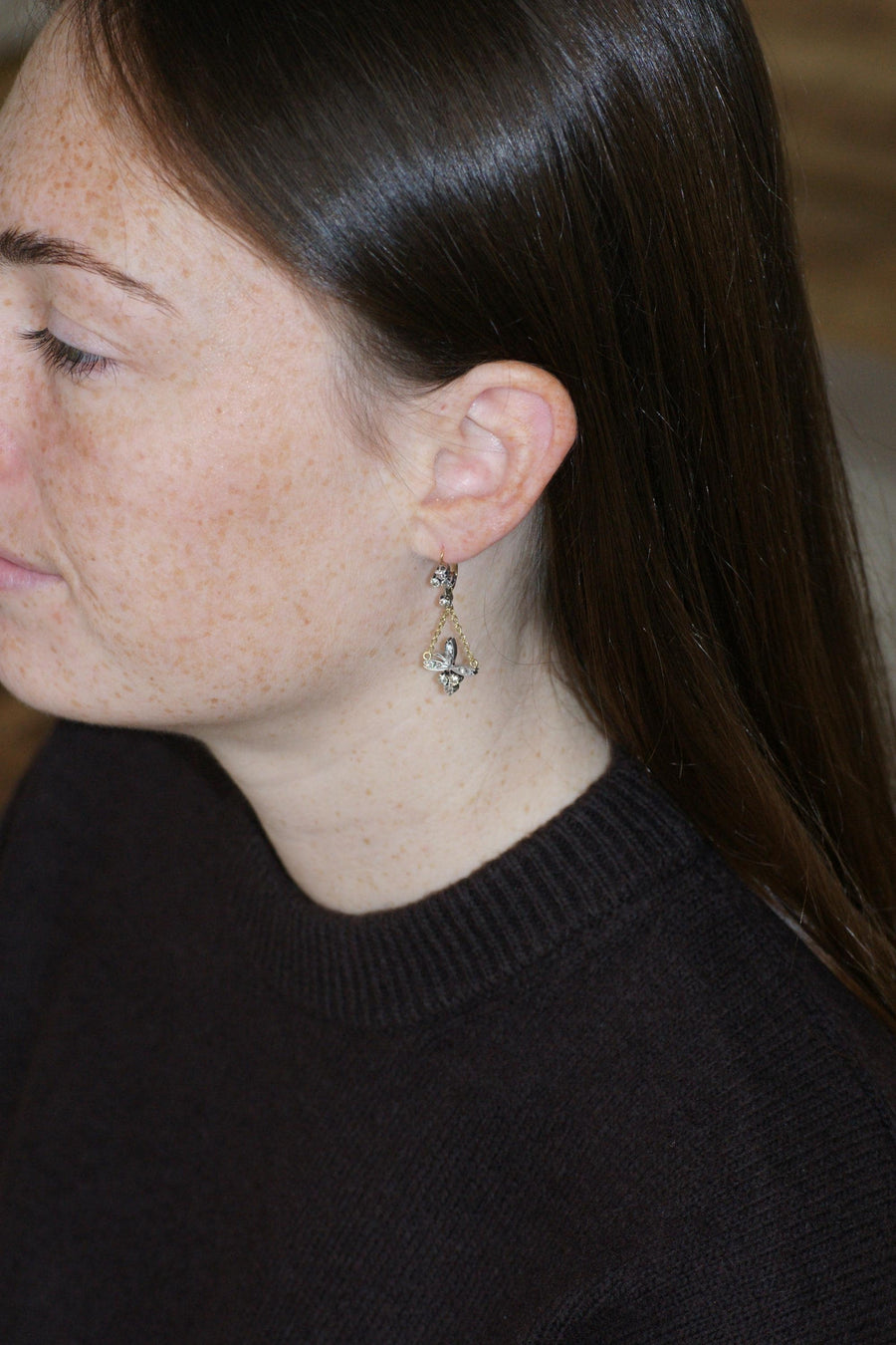 Antique Trefoil and Flower Diamonds on Gold and Silver Sleeper Earrings