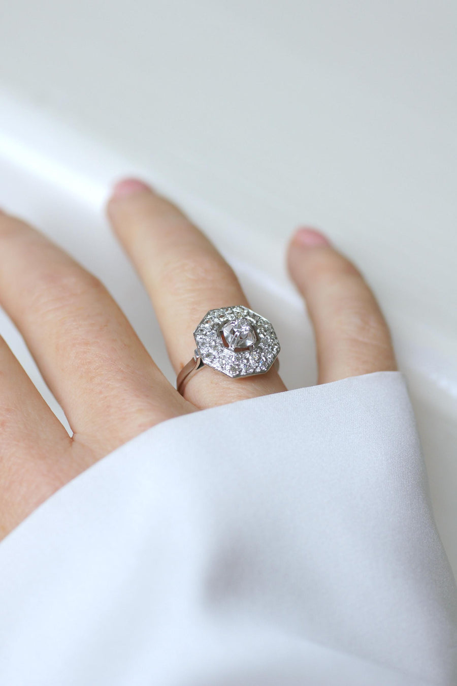 Octagonal Art Deco Platinum and Diamond Ring 0.65 Ct