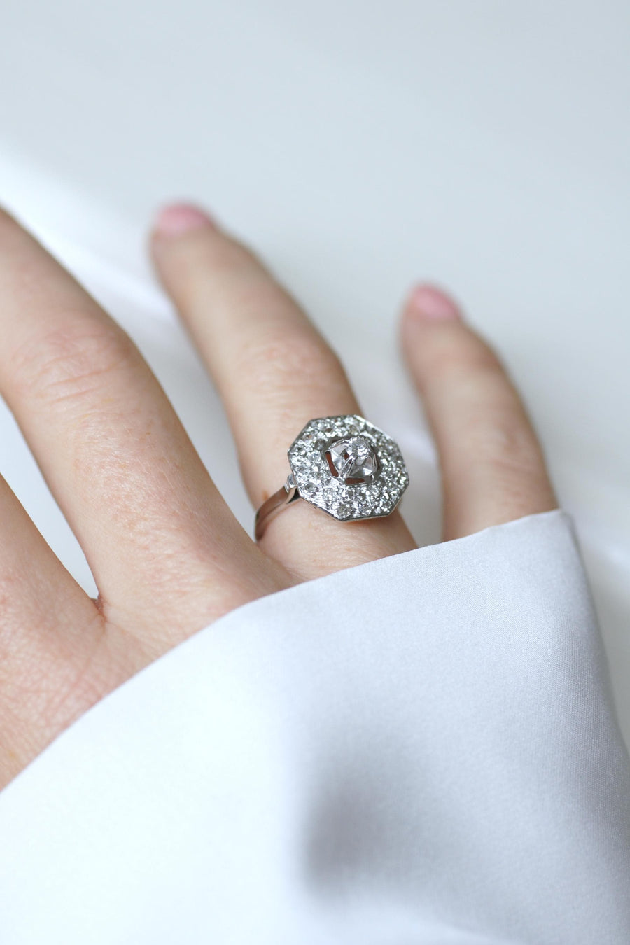 Octagonal Art Deco Platinum and Diamond Ring 0.65 Ct