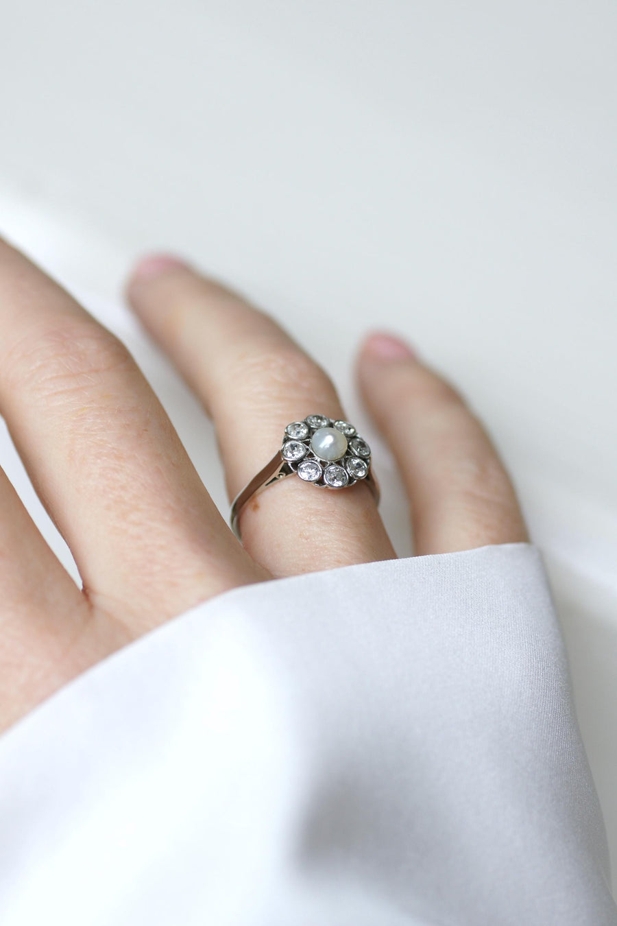 Marguerite Antique Pearl Button and Diamond Ring on White Gold and Platinum