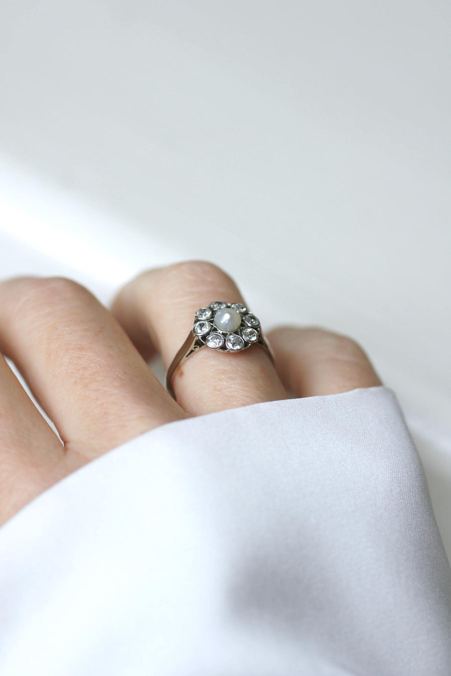 Marguerite Antique Pearl Button and Diamond Ring on White Gold and Platinum