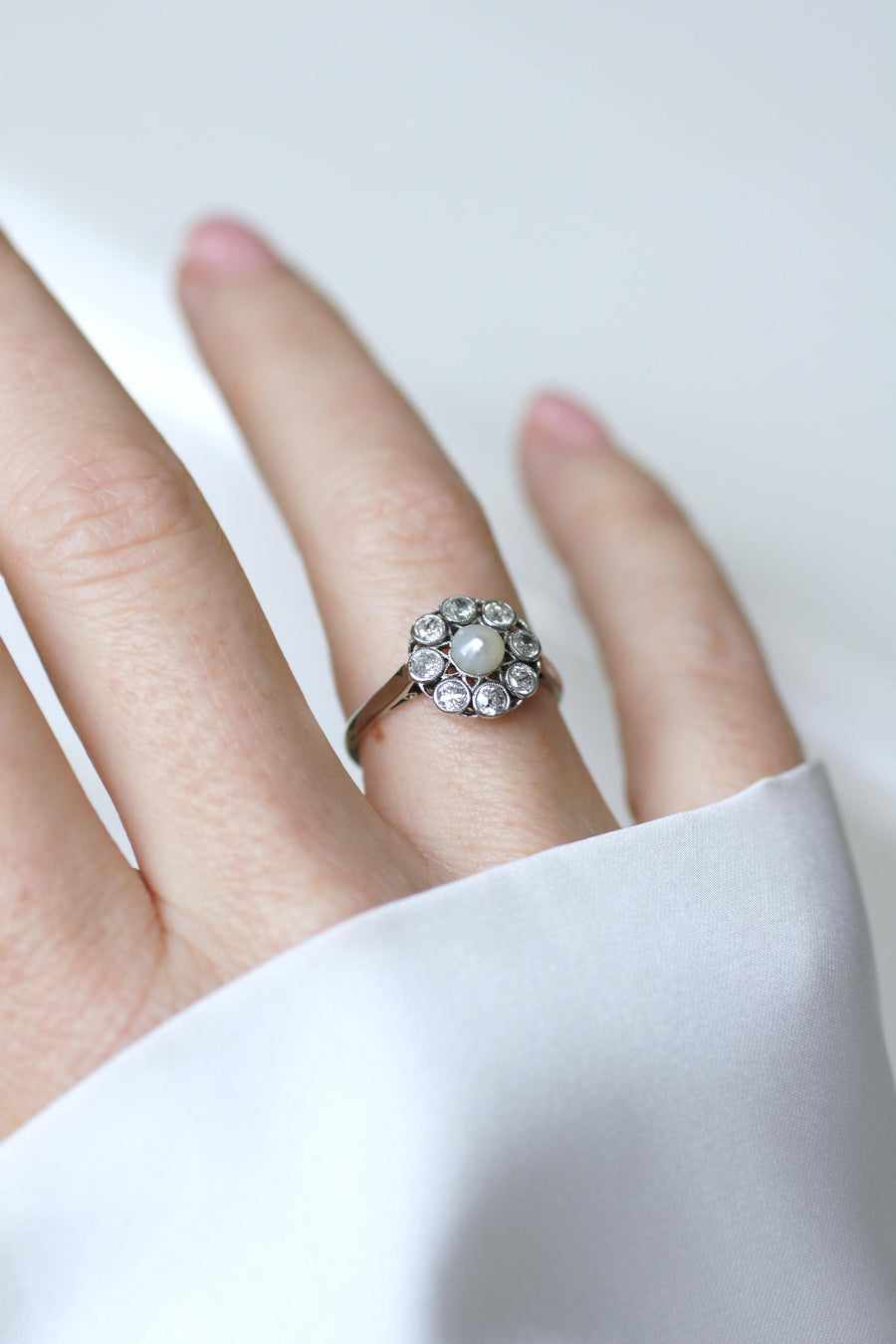 Marguerite Antique Pearl Button and Diamond Ring on White Gold and Platinum